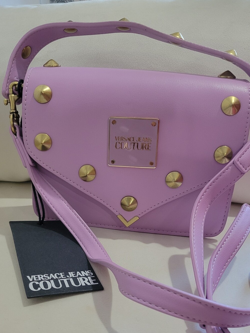 Versace Lilac Studded Crossbody Bag with Gold Hardware